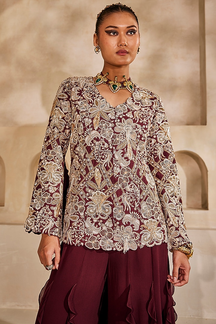 Marsala-Colored Georgette Ruffled Palazzo Set by Anu Pellakuru at Pernia's Pop Up Shop
