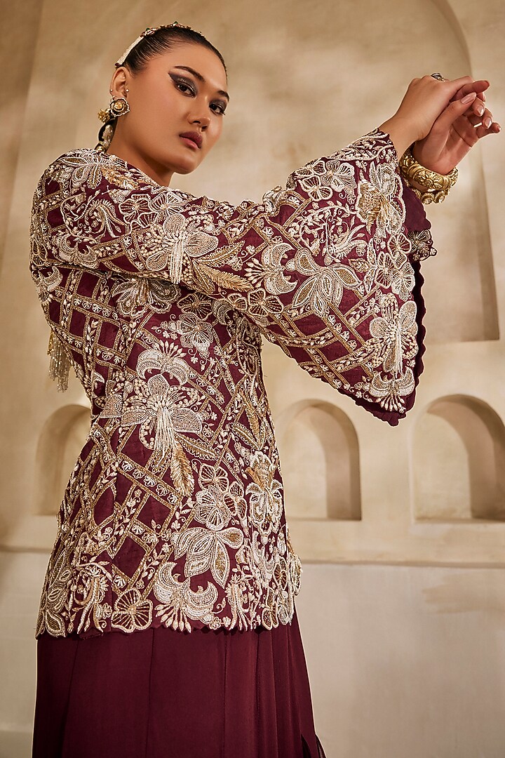 Marsala-Colored Georgette Ruffled Palazzo Set by Anu Pellakuru at Pernia's Pop Up Shop