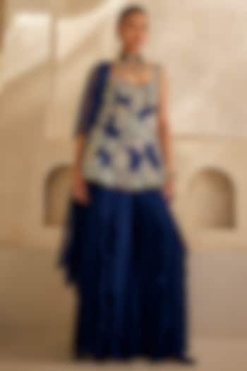 Navy blue Georgette Bridal Sharara Set by Anu Pellakuru at Pernia's Pop Up Shop