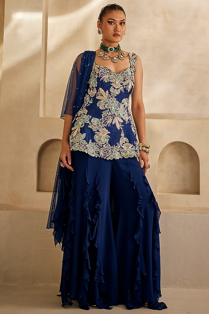 Navy blue Georgette Bridal Sharara Set by Anu Pellakuru at Pernia's Pop Up Shop