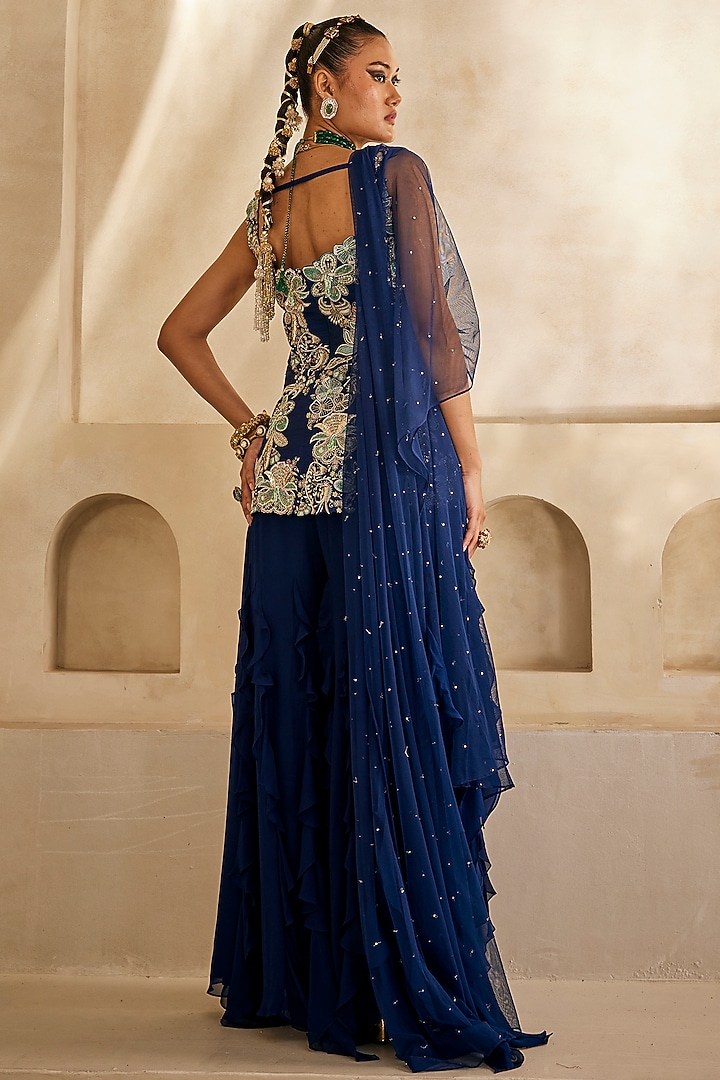 Navy blue Georgette Bridal Sharara Set by Anu Pellakuru at Pernia's Pop Up Shop