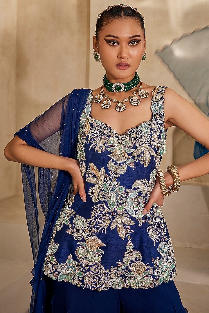 Navy blue Georgette Bridal Sharara Set by Anu Pellakuru at Pernia's Pop Up Shop