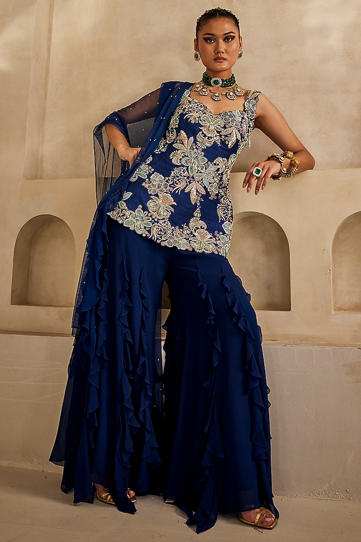 Navy blue Georgette Bridal Sharara Set by Anu Pellakuru at Pernia's Pop Up Shop