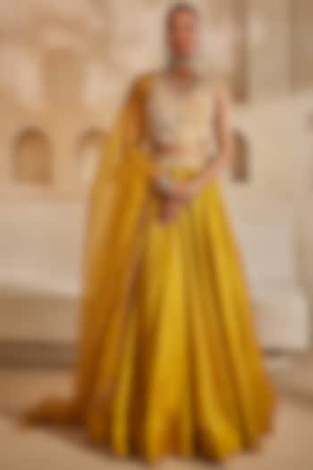 Mustard Yellow Silk Organza Embroidered Wedding Lehenga Set by Anu Pellakuru at Pernia's Pop Up Shop