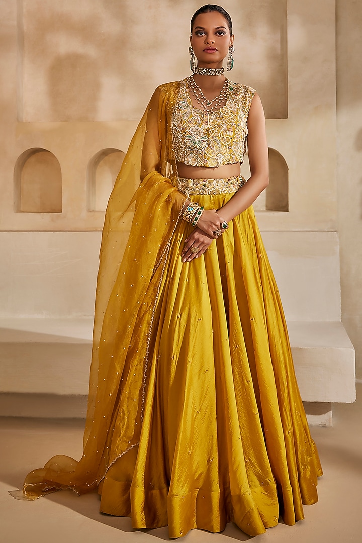 Mustard Yellow Silk Organza Embroidered Wedding Lehenga Set by Anu Pellakuru at Pernia's Pop Up Shop
