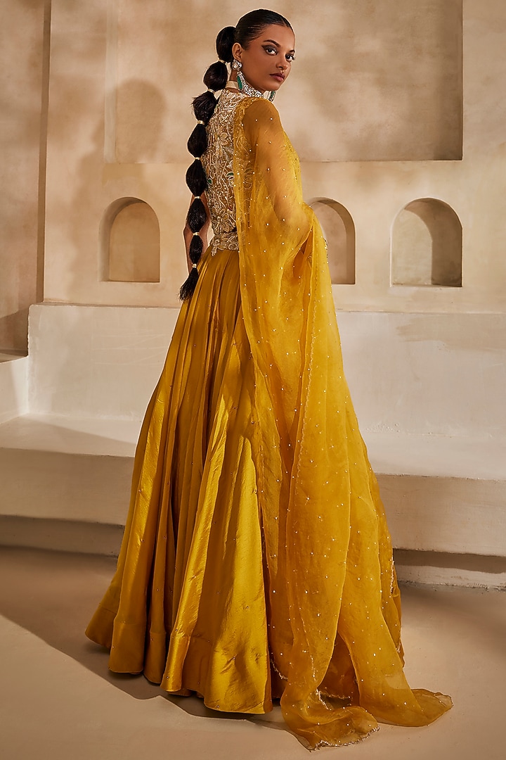 Mustard Yellow Silk Organza Embroidered Wedding Lehenga Set by Anu Pellakuru at Pernia's Pop Up Shop