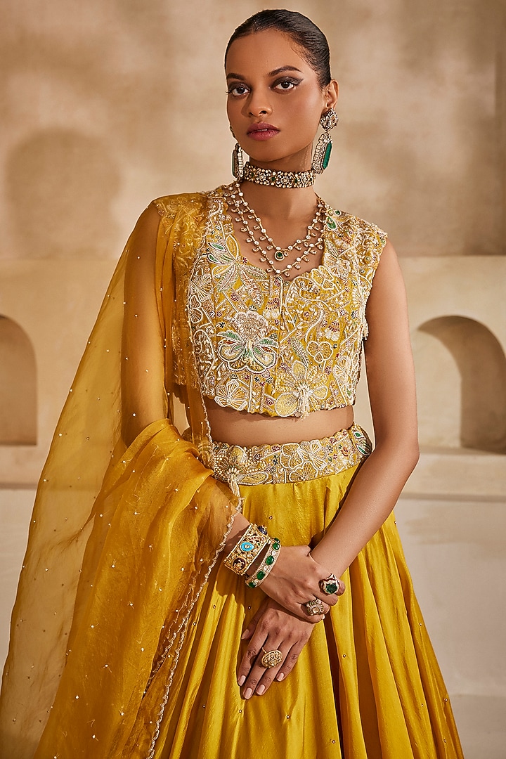 Mustard Yellow Silk Organza Embroidered Wedding Lehenga Set by Anu Pellakuru at Pernia's Pop Up Shop