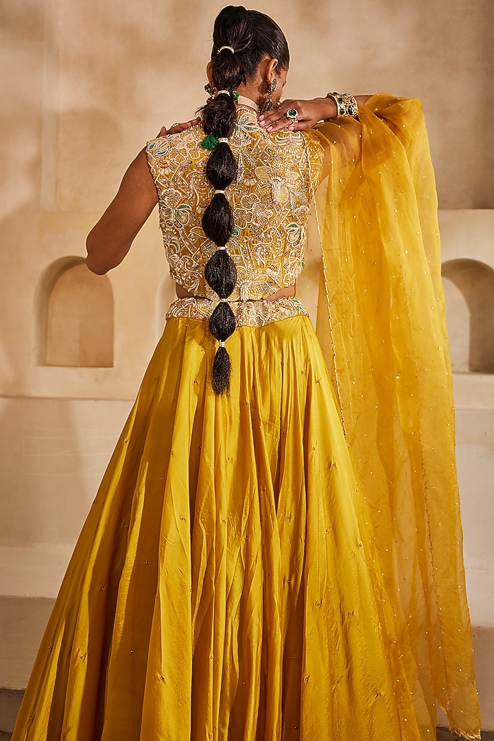 Mustard Yellow Silk Organza Embroidered Wedding Lehenga Set by Anu Pellakuru at Pernia's Pop Up Shop