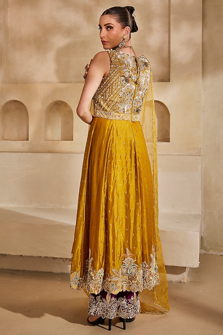 Mustard Yellow Silk Organza Embroidered Bridal Anarkali Set by Anu Pellakuru at Pernia's Pop Up Shop