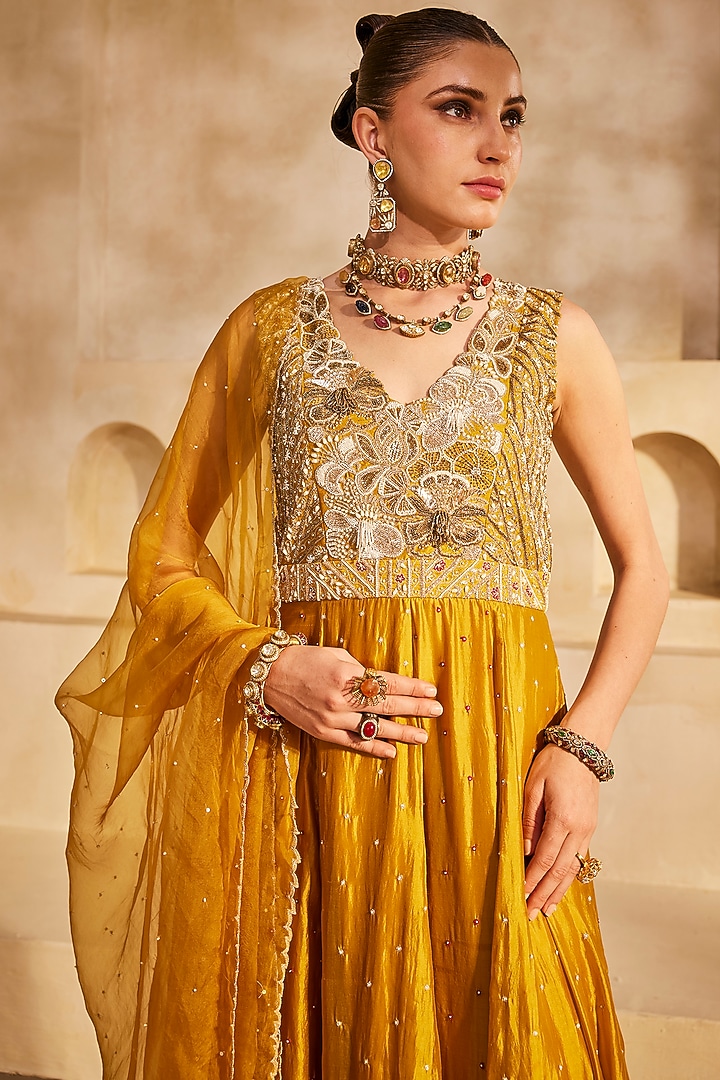 Mustard Yellow Silk Organza Embroidered Bridal Anarkali Set by Anu Pellakuru at Pernia's Pop Up Shop