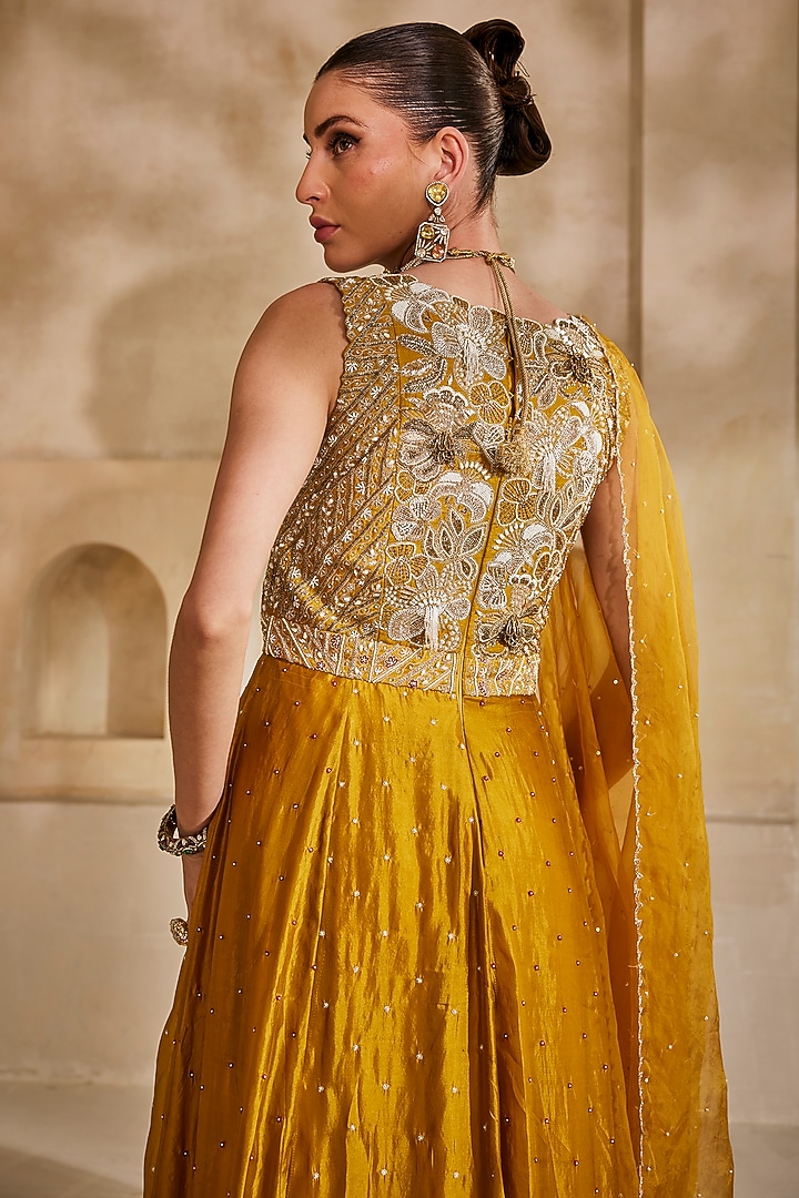Mustard Yellow Silk Organza Embroidered Bridal Anarkali Set by Anu Pellakuru at Pernia's Pop Up Shop