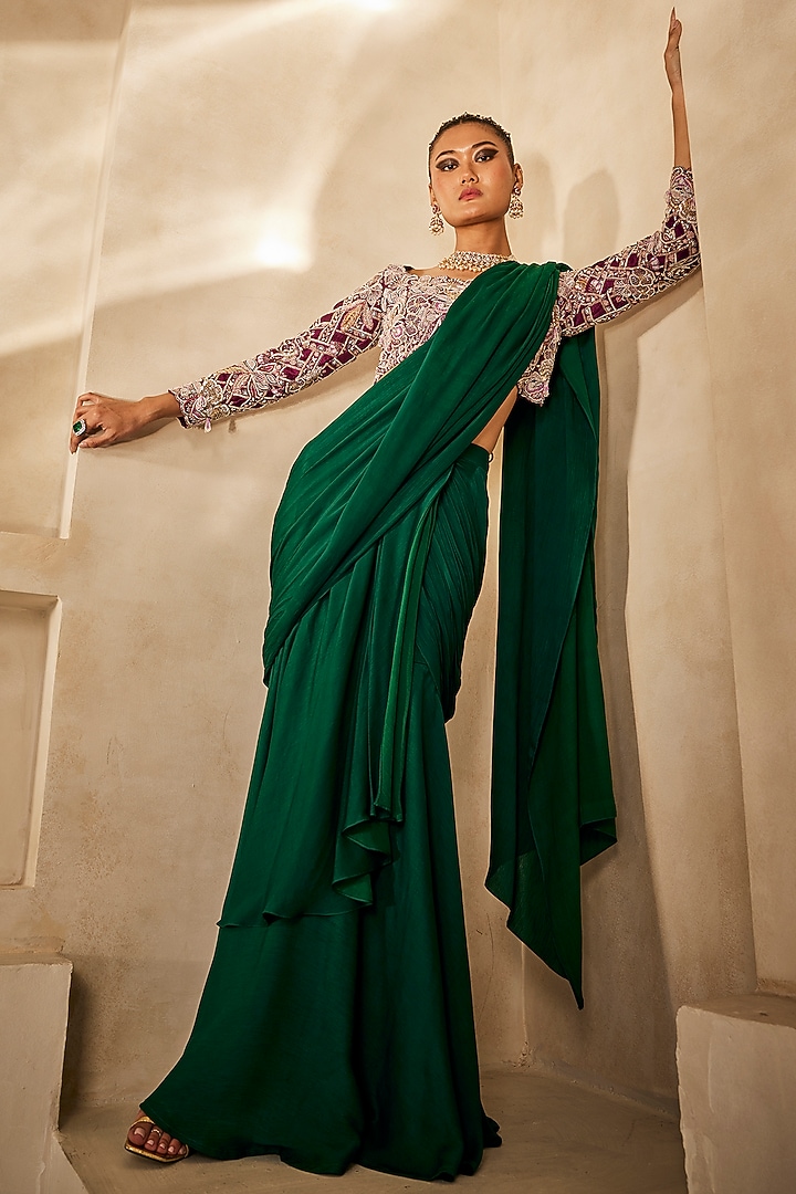 Deep Magenta Satin Chiffon Pre-Draped Reception Saree Set by Anu Pellakuru at Pernia's Pop Up Shop