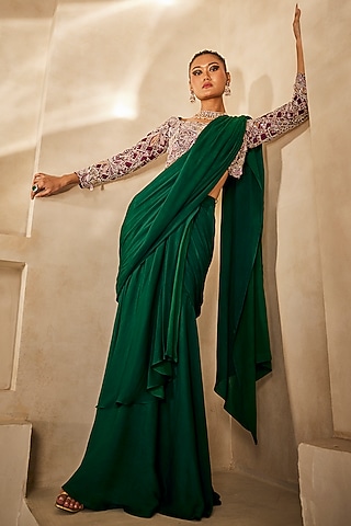 Deep Magenta Satin Chiffon Pre-Draped Saree Set by Anu Pellakuru