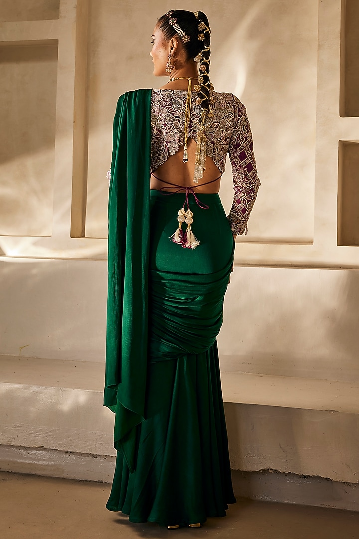 Deep Magenta Satin Chiffon Pre-Draped Reception Saree Set by Anu Pellakuru at Pernia's Pop Up Shop