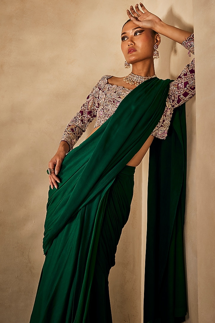Deep Magenta Satin Chiffon Pre-Draped Reception Saree Set by Anu Pellakuru at Pernia's Pop Up Shop