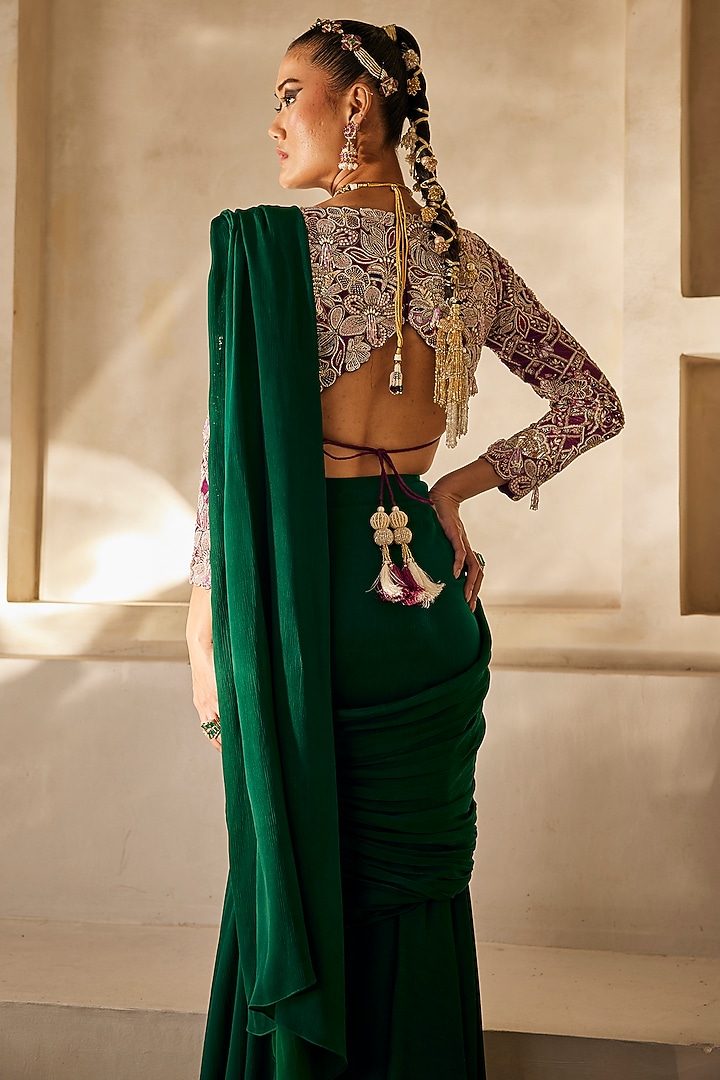 Deep Magenta Satin Chiffon Pre-Draped Reception Saree Set by Anu Pellakuru at Pernia's Pop Up Shop