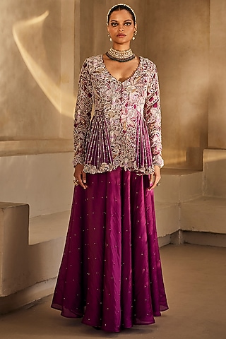 Deep Magenta Silk Organza Palazzo Set by Anu Pellakuru