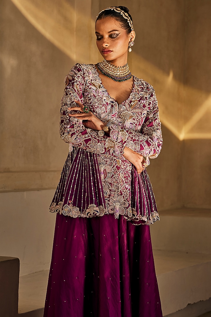 Deep Magenta Silk Organza Palazzo Set by Anu Pellakuru at Pernia's Pop Up Shop