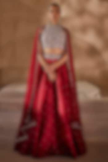 Red Silk Organza Floral Embroidered Wedding Lehenga Set by Anu Pellakuru at Pernia's Pop Up Shop