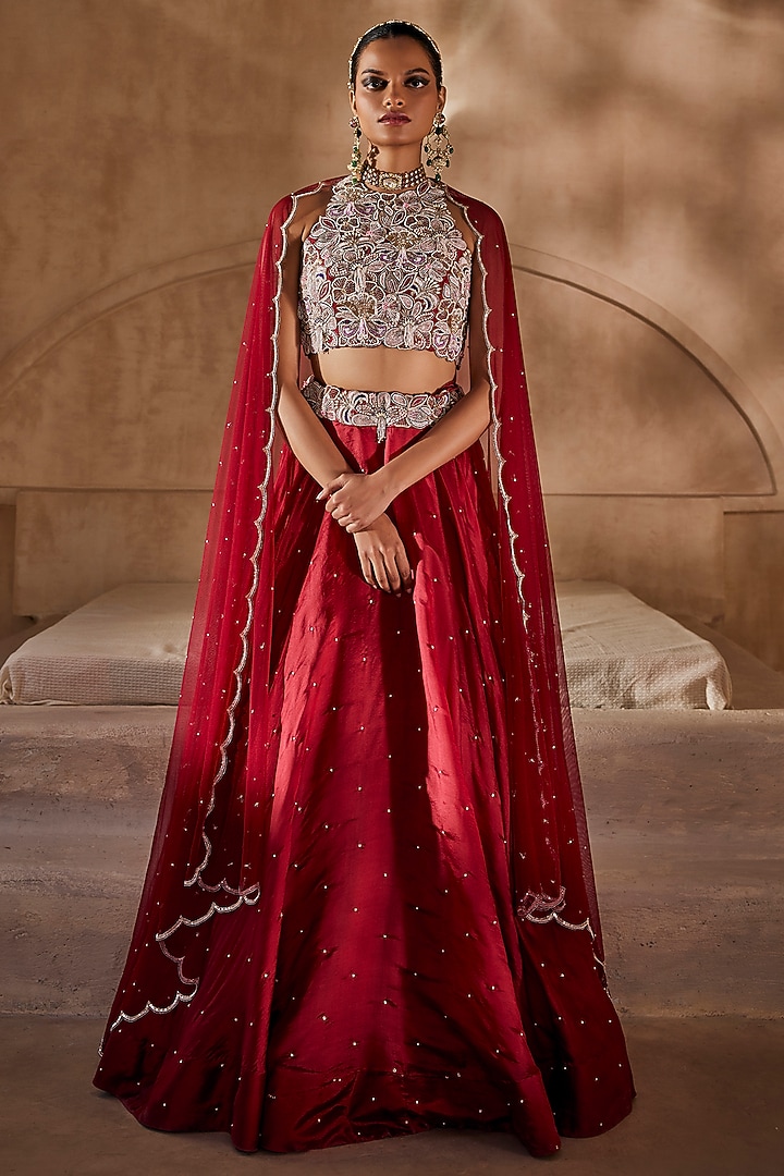 Red Silk Organza Floral Embroidered Wedding Lehenga Set by Anu Pellakuru at Pernia's Pop Up Shop