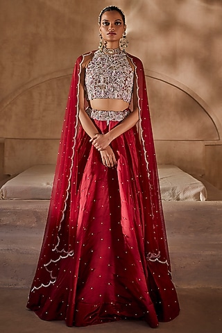 Red Silk Organza Floral Embroidered Lehenga Set by Anu Pellakuru