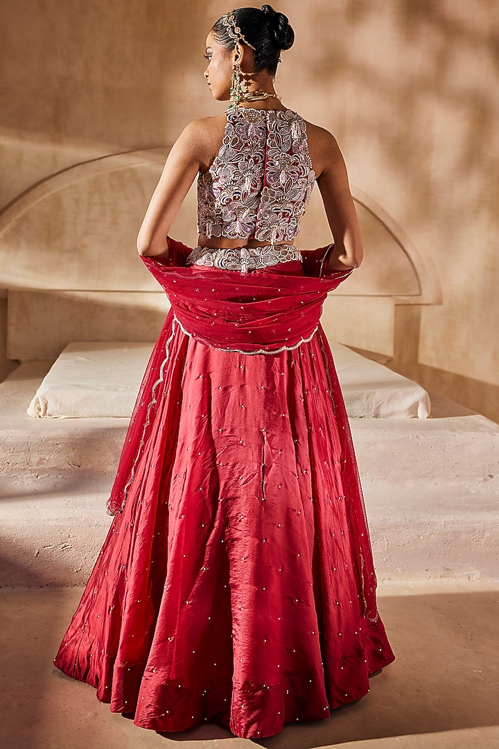 Red Silk Organza Floral Embroidered Wedding Lehenga Set by Anu Pellakuru at Pernia's Pop Up Shop