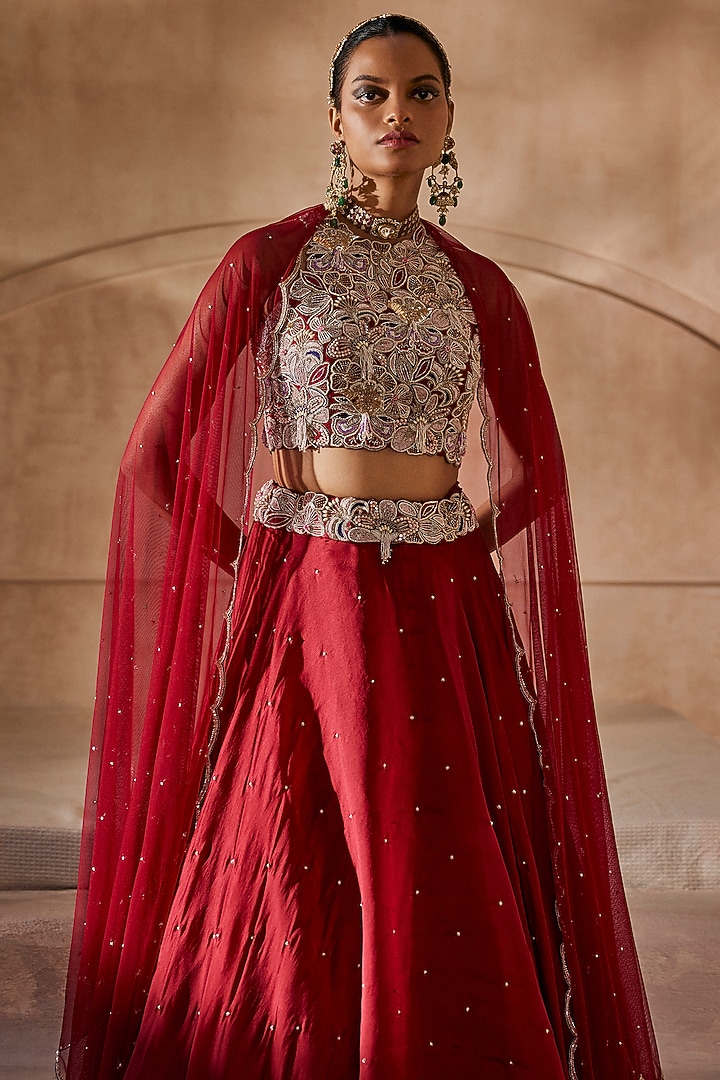 Red Silk Organza Floral Embroidered Wedding Lehenga Set by Anu Pellakuru at Pernia's Pop Up Shop