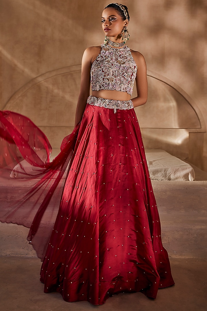 Red Silk Organza Floral Embroidered Wedding Lehenga Set by Anu Pellakuru at Pernia's Pop Up Shop