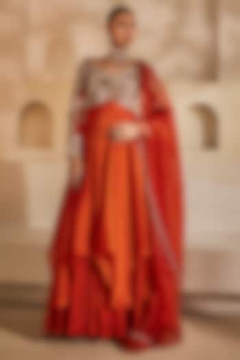 Rust orange Silk Organza Bridal Anarkali Set by Anu Pellakuru at Pernia's Pop Up Shop