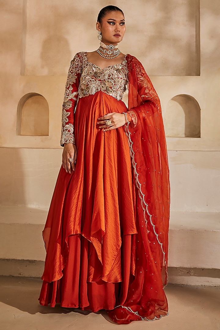 Rust orange Silk Organza Bridal Anarkali Set by Anu Pellakuru at Pernia's Pop Up Shop
