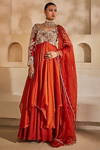 Rust orange Silk Organza Anarkali Set by Anu Pellakuru
