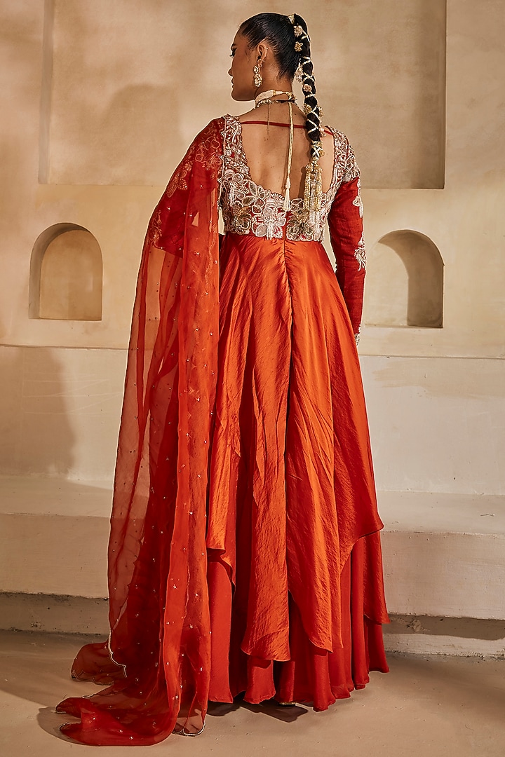 Rust orange Silk Organza Bridal Anarkali Set by Anu Pellakuru at Pernia's Pop Up Shop