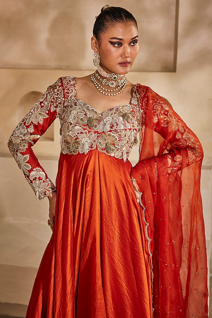 Rust orange Silk Organza Bridal Anarkali Set by Anu Pellakuru at Pernia's Pop Up Shop