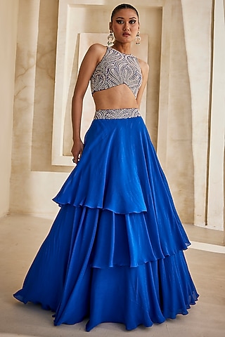 Electric Blue Georgette Embroidered Lehenga Set by Anu Pellakuru