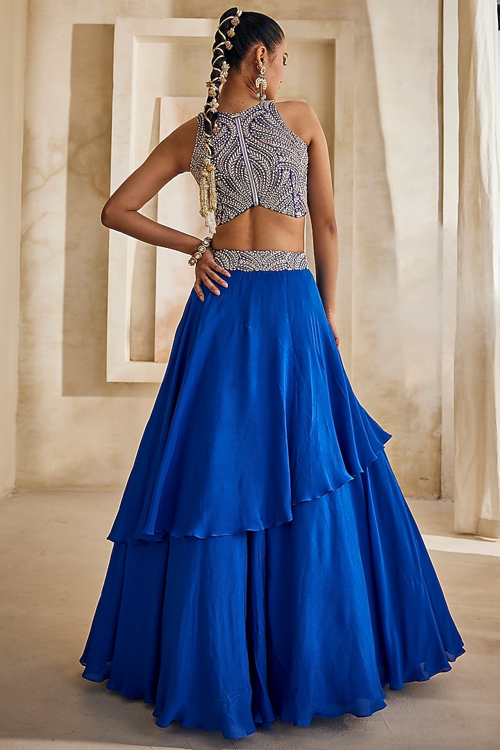 Electric Blue Georgette Embroidered Wedding Lehenga Set by Anu Pellakuru at Pernia's Pop Up Shop