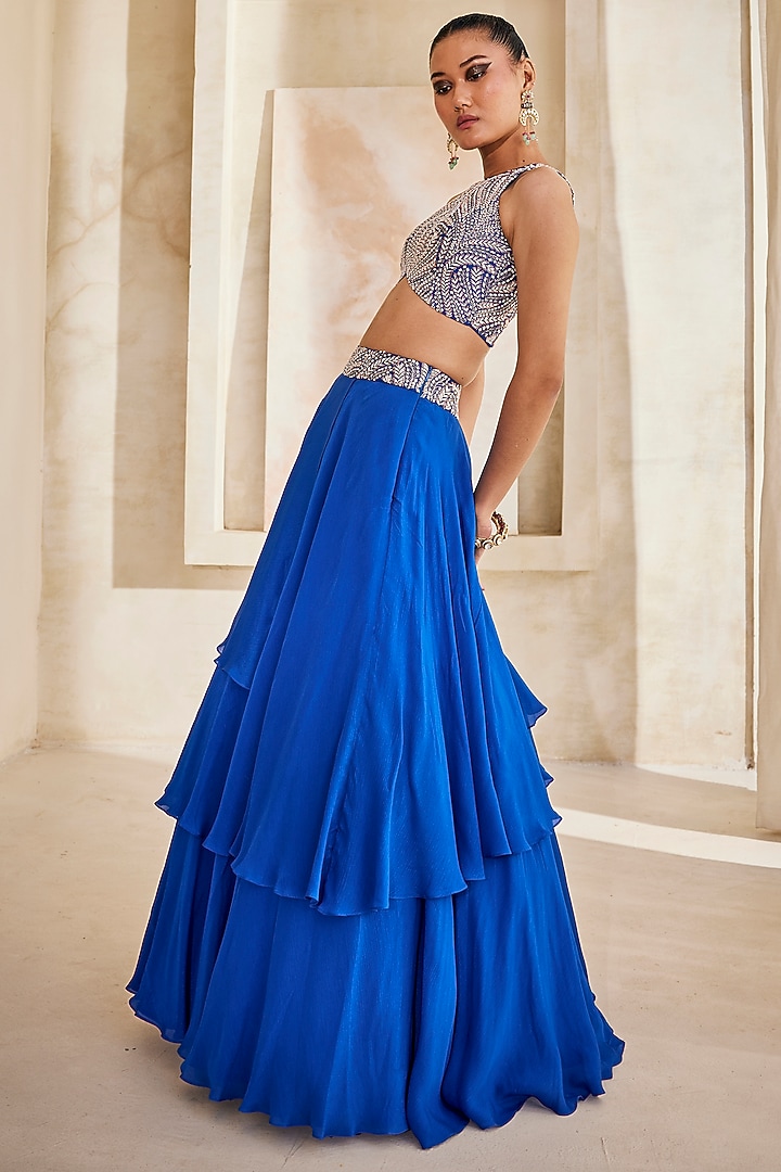 Electric Blue Georgette Embroidered Wedding Lehenga Set by Anu Pellakuru at Pernia's Pop Up Shop