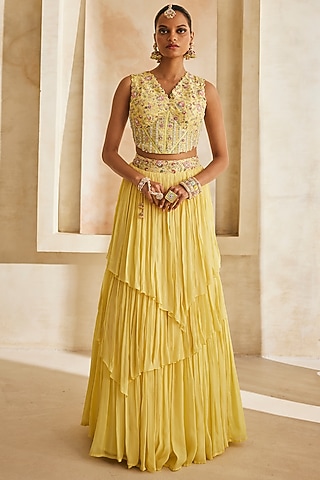 Butter Yellow Chinon Chiffon Layered Skirt Set by Anu Pellakuru
