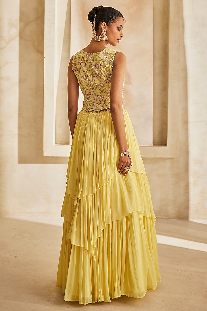 Butter Yellow Chinon Chiffon Layered Skirt Set by Anu Pellakuru at Pernia's Pop Up Shop