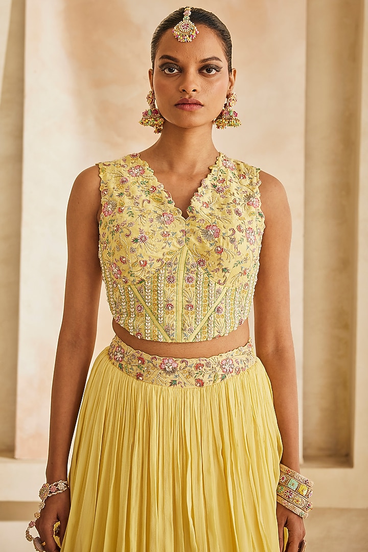 Butter Yellow Chinon Chiffon Layered Skirt Set by Anu Pellakuru at Pernia's Pop Up Shop