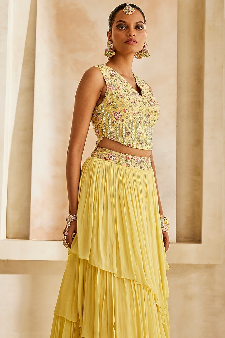 Butter Yellow Chinon Chiffon Layered Skirt Set by Anu Pellakuru at Pernia's Pop Up Shop