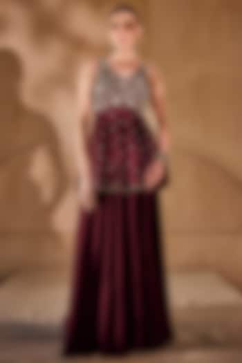 Marsala-Colored Satin Chiffon Palazzo Set by Anu Pellakuru at Pernia's Pop Up Shop