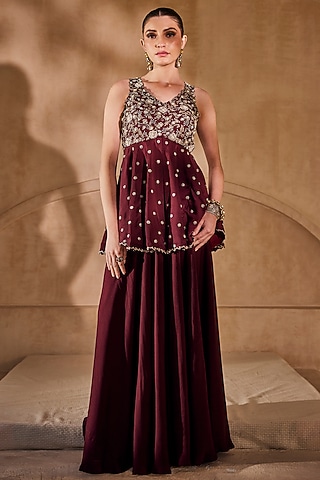 Marsala-Colored Satin Chiffon Palazzo Set by Anu Pellakuru