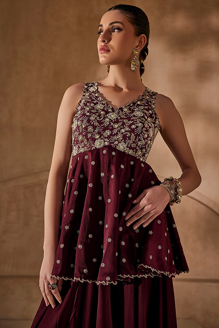 Marsala-Colored Satin Chiffon Palazzo Set by Anu Pellakuru at Pernia's Pop Up Shop