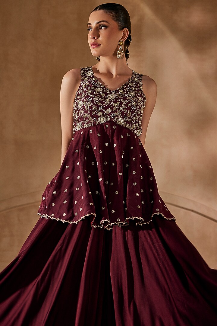 Marsala-Colored Satin Chiffon Palazzo Set by Anu Pellakuru at Pernia's Pop Up Shop