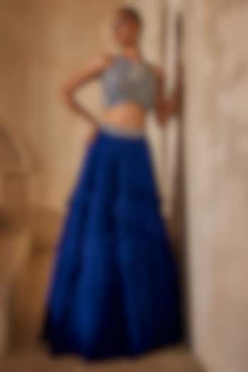 Navy Blue Georgette Ruffled Skirt Set by Anu Pellakuru at Pernia's Pop Up Shop