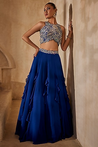 Navy Blue Georgette Ruffled Skirt Set by Anu Pellakuru