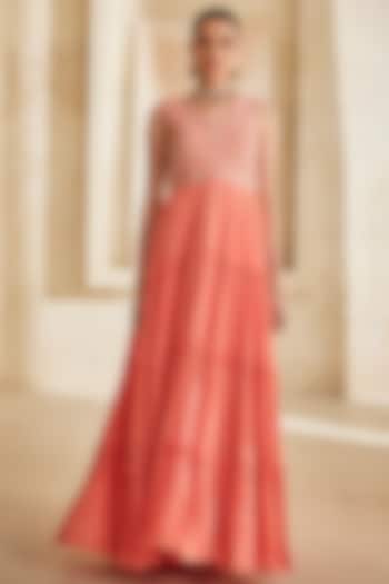 Peach Pink Chinon Chiffon Hand Embroidered Engagement Gown by Anu Pellakuru at Pernia's Pop Up Shop