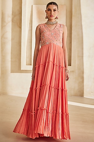 Peach Pink Chinon Chiffon Hand Embroidered Gown by Anu Pellakuru