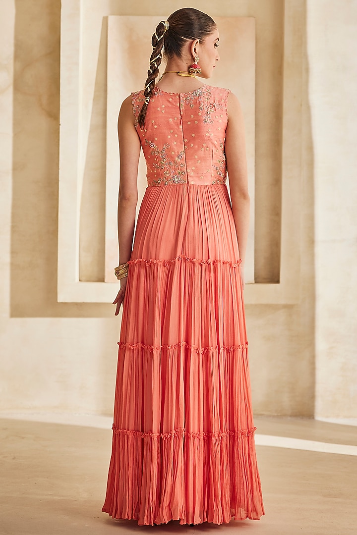 Peach Pink Chinon Chiffon Hand Embroidered Engagement Gown by Anu Pellakuru at Pernia's Pop Up Shop