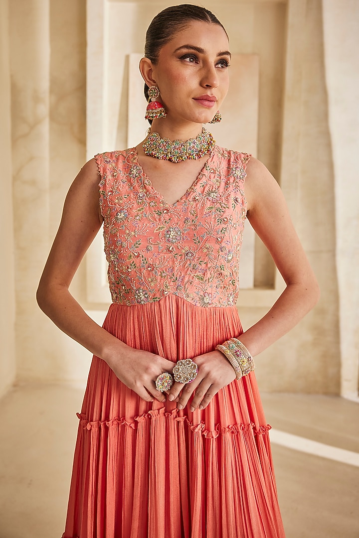 Peach Pink Chinon Chiffon Hand Embroidered Engagement Gown by Anu Pellakuru at Pernia's Pop Up Shop